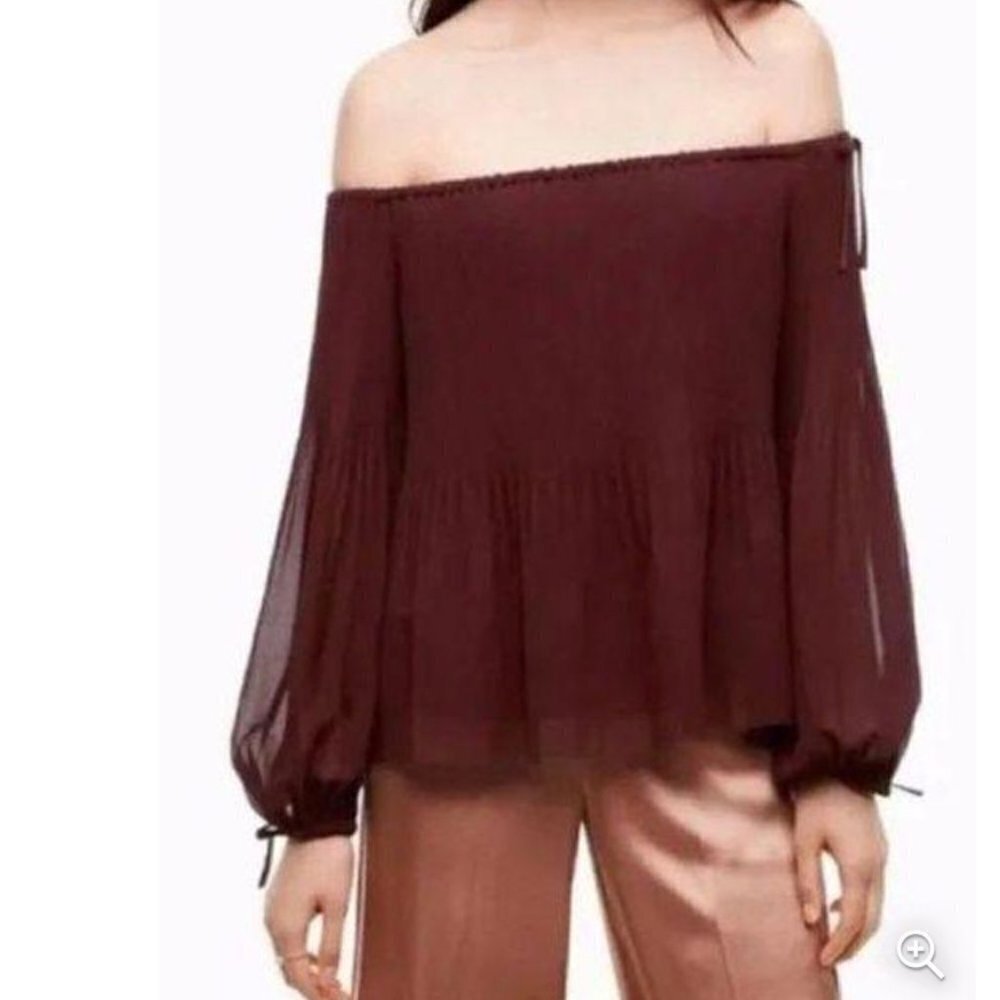 Wilfred Aritzia Chiffon Blouse Top XS Off The Shoulder Pleated Rust Brown